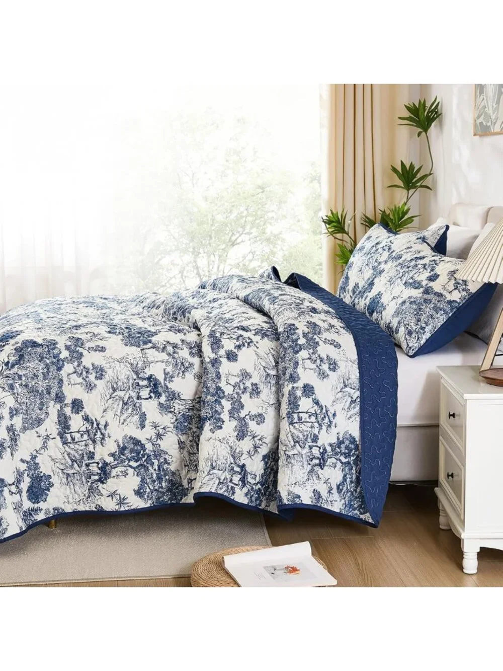 Botanical Floral Quilt Set King Size - Navy Blue Bedspread for Cozy Bedroom
